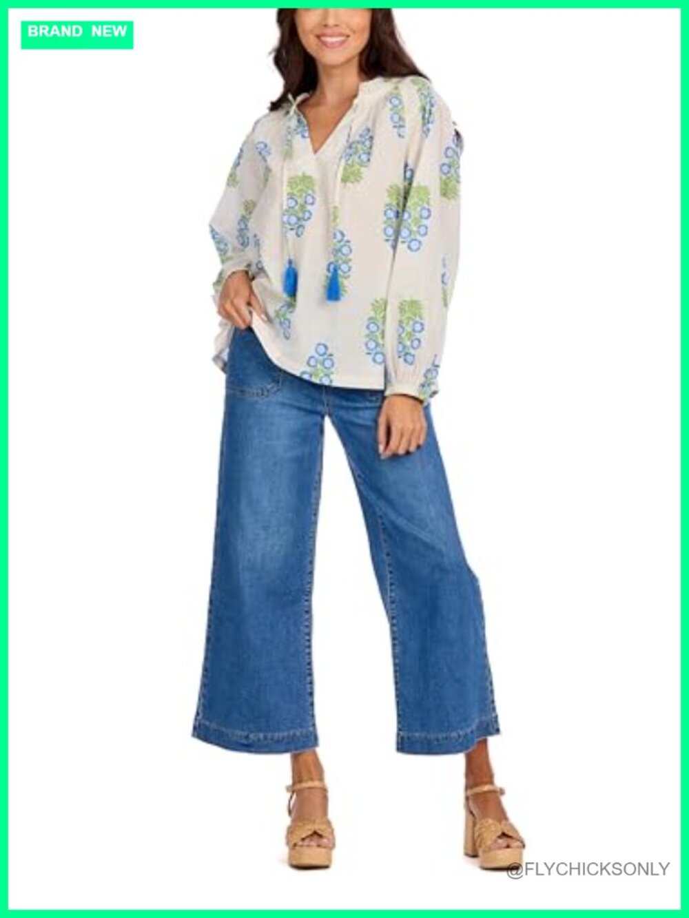 Cotton Cambric V-Neck Peasant Top with Ruffle Neckline and Tassel Ties